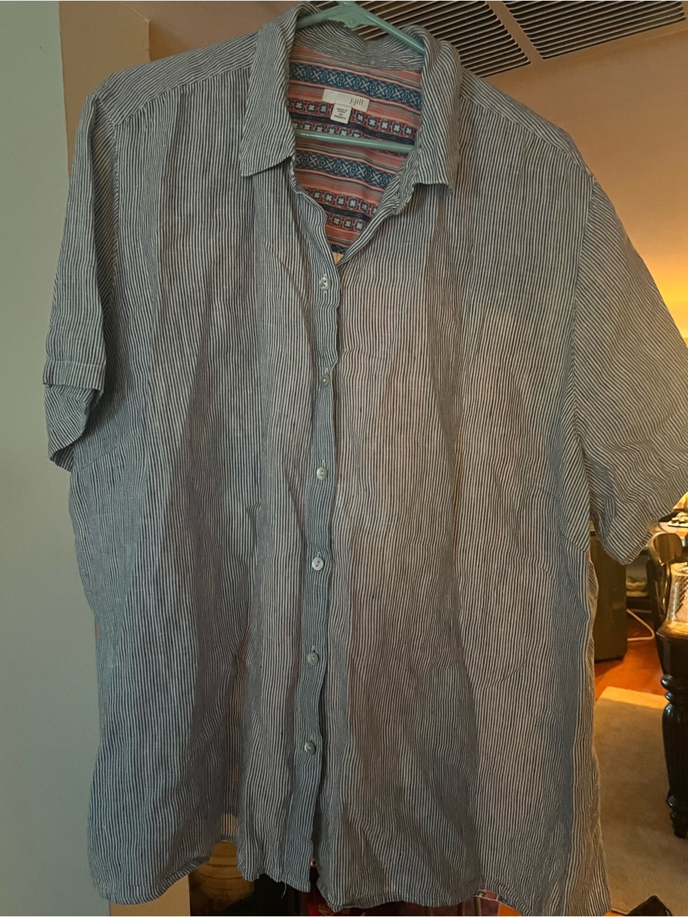 J.Jill Blue Striped Button Up Shirt Size 3X Linen Front Floral Back Short Sleeve